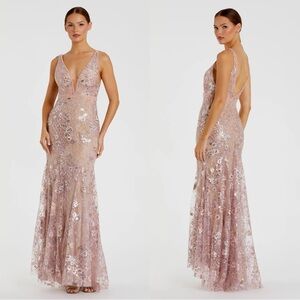 Mac Duggal 67481 Pink Floral Embellished Sleeveless Plunge Neck Gown NWT